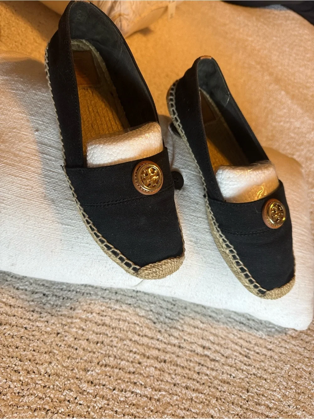 Tory Burch Black Canvas Espadrille Loafers with Gold Logo Medallion